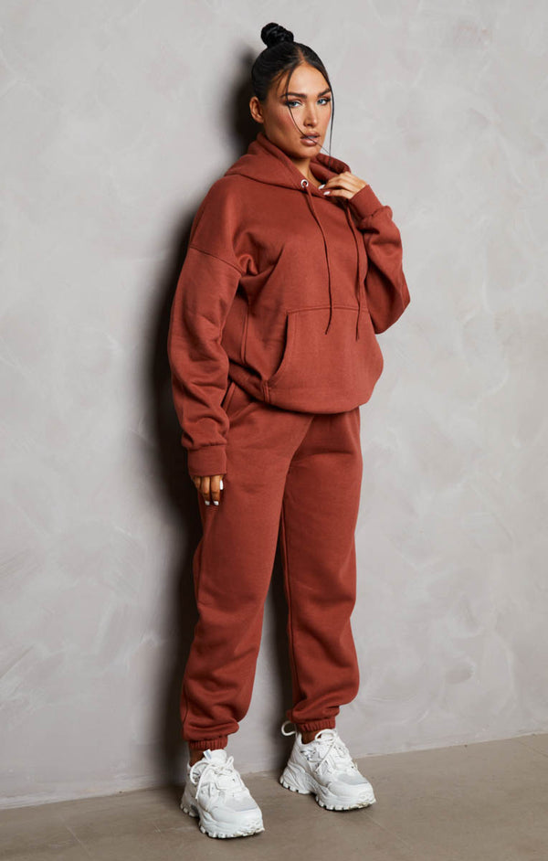 Femme Luxe Rust Oversized Front Pocket Pullover Hoodie Cuffed Joggers Loungewear Set - Alexia