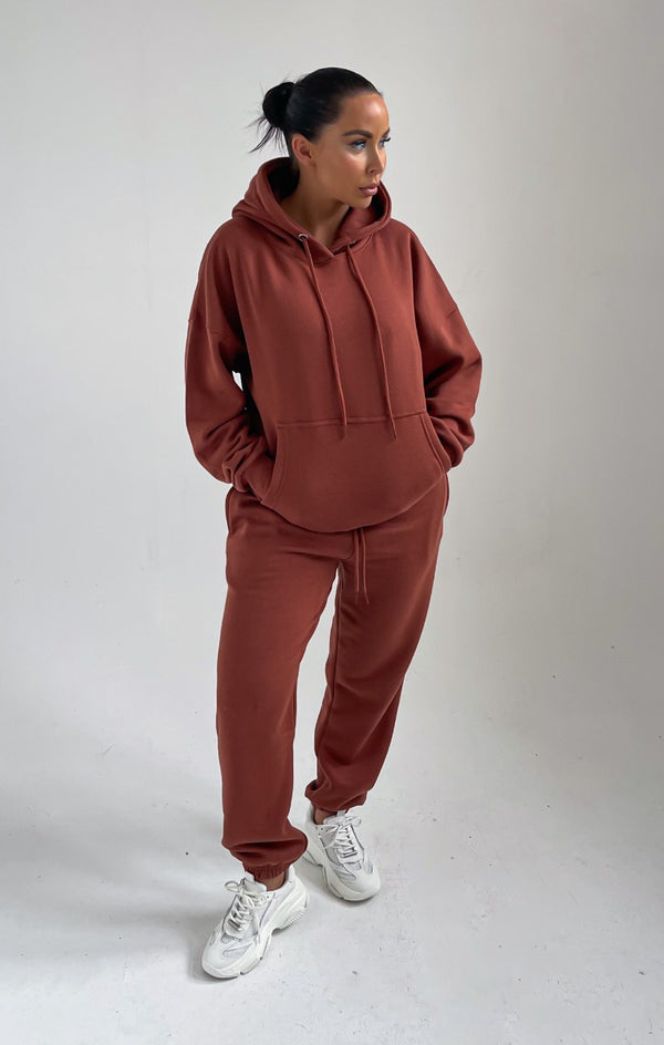 femme luxe Rust Oversized Front Pocket Pullover Hoodie Cuffed Joggers Loungewear Set - Alexia
