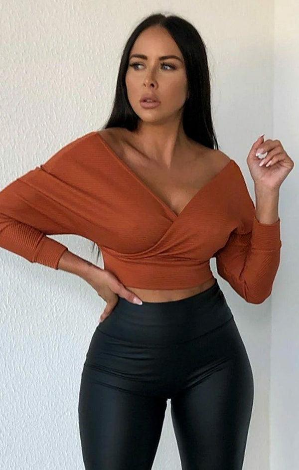Femme Luxe Rust Ribbed Off The Shoulder Crop Top - Kourt