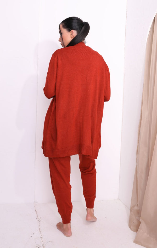 Femme Luxe Rust Sleeveless Tank Top Oversized Midi Cardigan & Joggers Three Piece Knitted Loungewear Set - Larisa