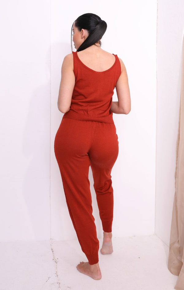 Femme Luxe Rust Sleeveless Tank Top Oversized Midi Cardigan & Joggers Three Piece Knitted Loungewear Set - Larisa