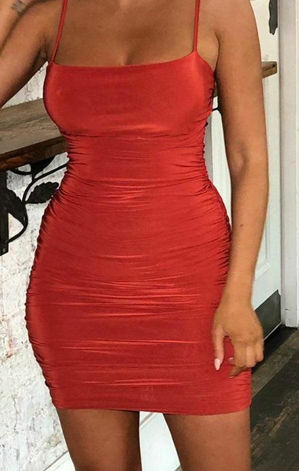 Femme Luxe Rust Slinky Ruched Strappy Mini Dress - Yaretzi
