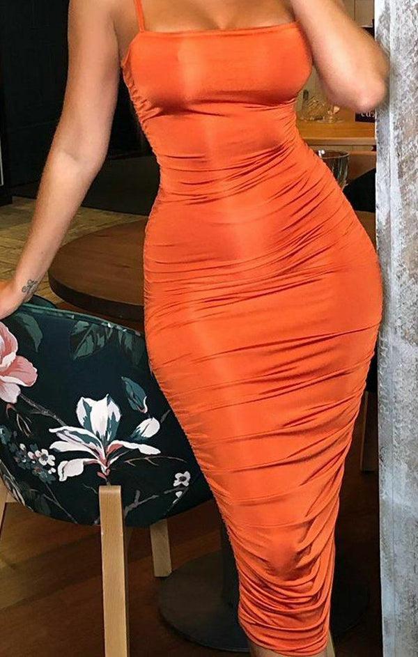 Femme Luxe Rust Slinky Ruched Thin Strap Midi Dress - Vienna