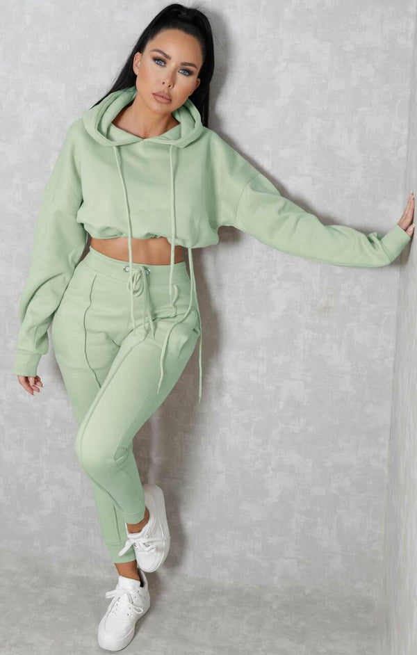 Femme Luxe Sage Boxy Cropped Hoodie Cuffed Joggers Loungewear Set - Cailleigh