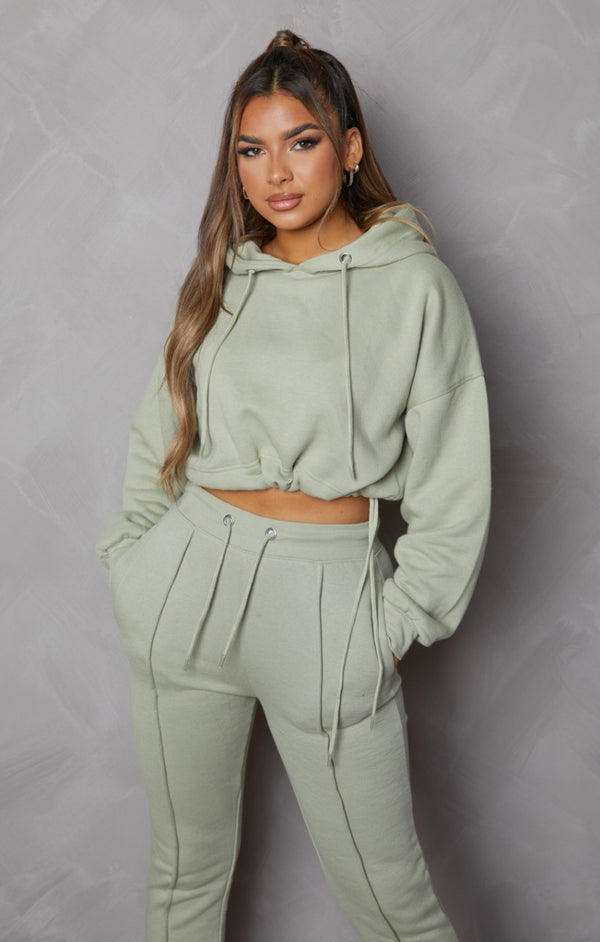 Femme Luxe Sage Boxy Cropped Hoodie Cuffed Joggers Loungewear Set - Cailleigh