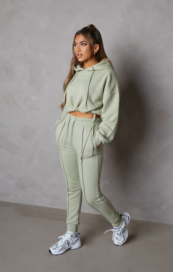 femme luxe Sage Boxy Cropped Hoodie Cuffed Joggers Loungewear Set - Cailleigh