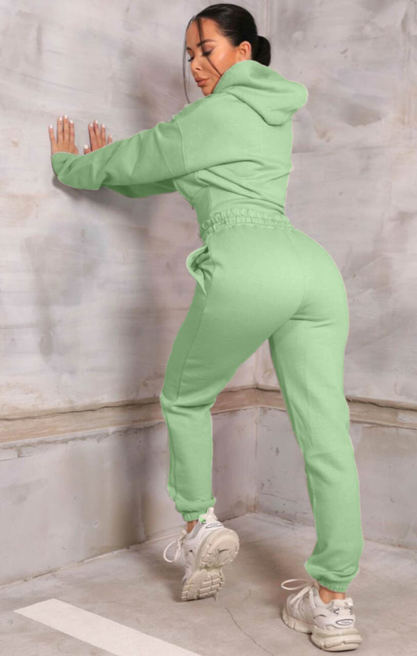 Femme Luxe Sage Long Sleeve Cropped Fleece Hoodie & Cuffed Joggers Loungewear Set - Layla