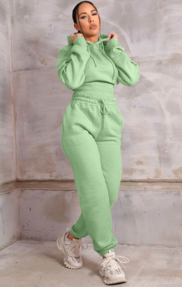 femme luxe Sage Long Sleeve Cropped Fleece Hoodie & Cuffed Joggers Loungewear Set - Layla