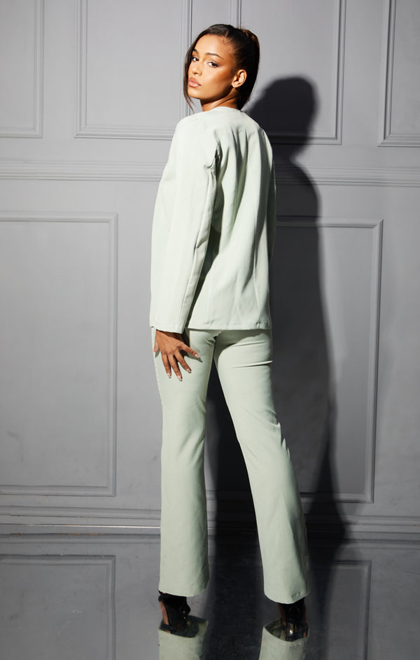 Femme Luxe Sage Long Sleeve Styled Collarless Open Front Blazer- Leyla