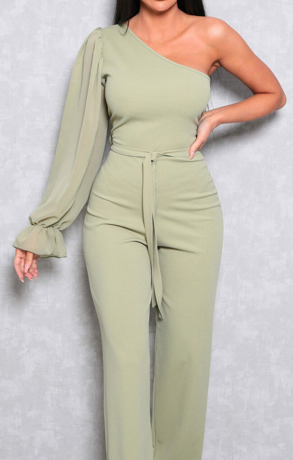 Femme Luxe Sage Mesh One Shoulder Sleeve Flare Leg Jumpsuit - Daisy