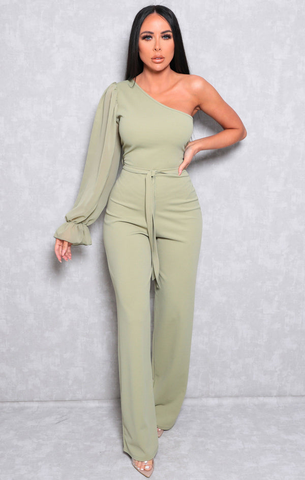 femme luxe Sage Mesh One Shoulder Sleeve Flare Leg Jumpsuit - Daisy