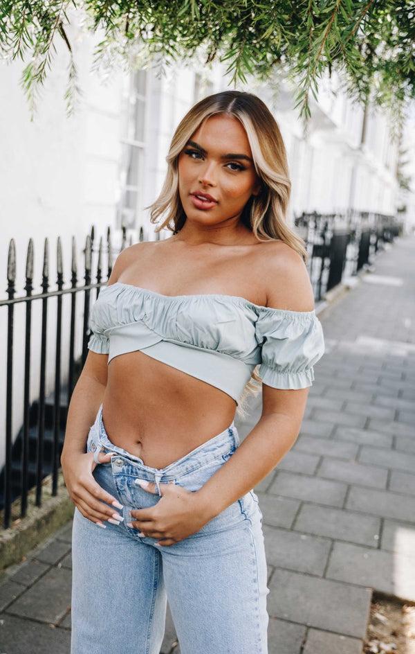 Femme Luxe Sage Off The Shoulder Bardot Puff Sleeve Ruched Crop Top - Amory