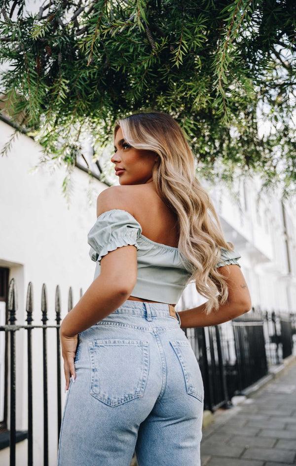 Femme Luxe Sage Off The Shoulder Bardot Puff Sleeve Ruched Crop Top - Amory