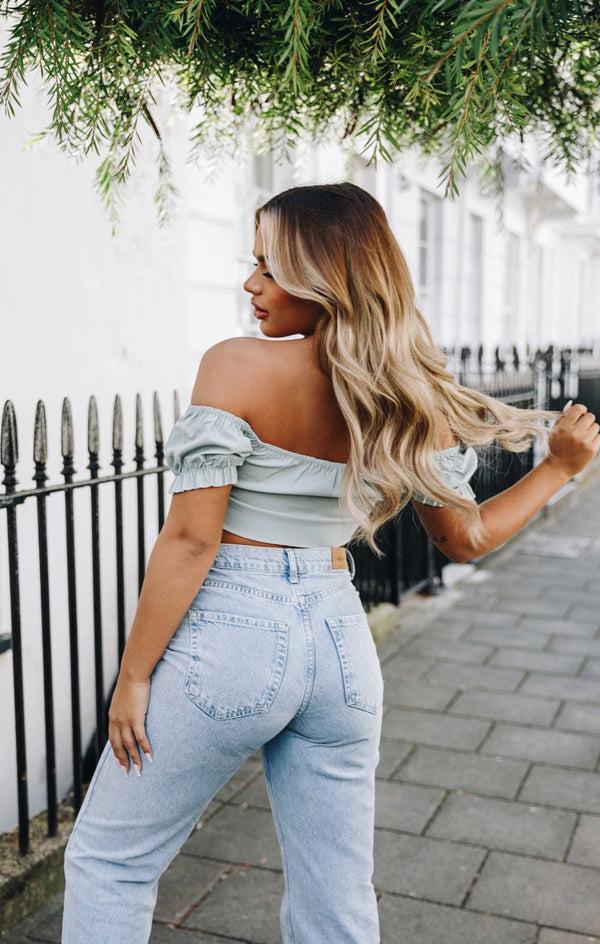 Femme Luxe Sage Off The Shoulder Bardot Puff Sleeve Ruched Crop Top - Amory