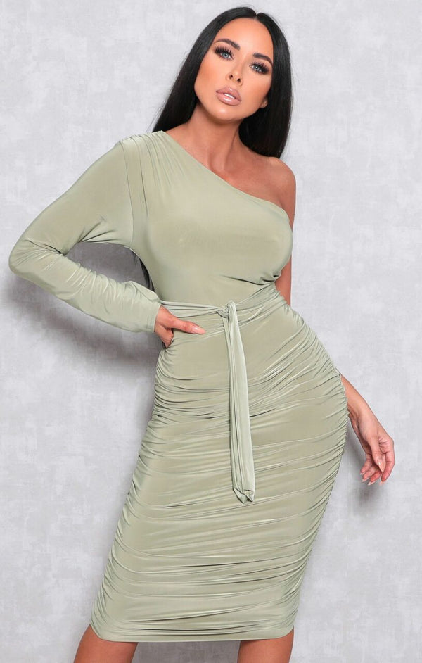 Femme Luxe Sage One Shoulder Ruched Slinky Midi Dress - Savannah