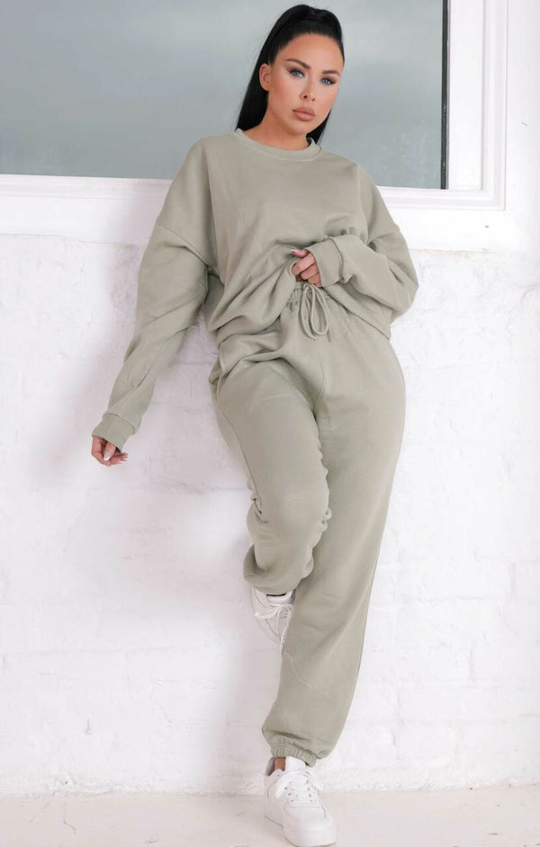 Femme Luxe Sage Oversized Crew Neck Sweatshirt Cuffed Joggers Loungewear Set - Averi
