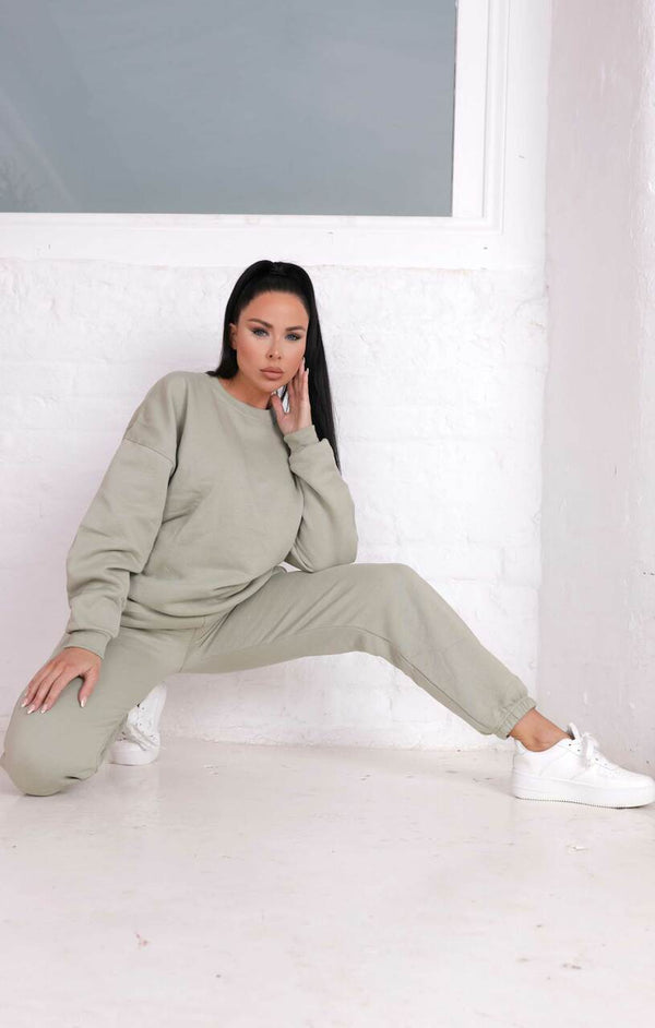 Femme Luxe Sage Oversized Crew Neck Sweatshirt Cuffed Joggers Loungewear Set - Averi