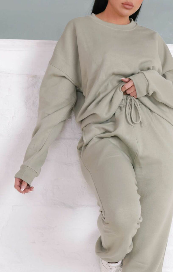 Femme Luxe Sage Oversized Crew Neck Sweatshirt Cuffed Joggers Loungewear Set - Averi