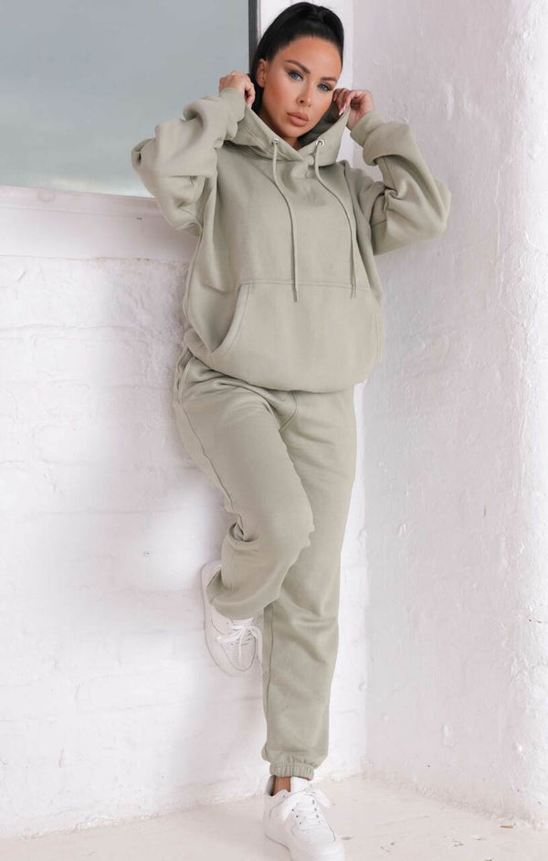 Femme Luxe Sage Oversized Front Pocket Pullover Hoodie Cuffed Joggers Loungewear Set - Alexia