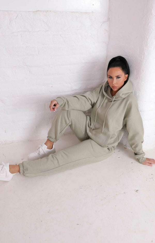 Femme Luxe Sage Oversized Front Pocket Pullover Hoodie Cuffed Joggers Loungewear Set - Alexia