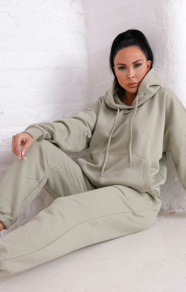 Femme Luxe Sage Oversized Front Pocket Pullover Hoodie Cuffed Joggers Loungewear Set - Alexia