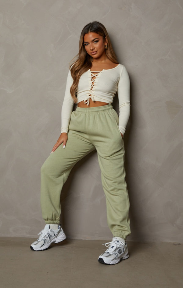 Femme Luxe Sage Oversized High Waisted Shirred Drawstring Pocket Detail Cuffed Joggers - Samira