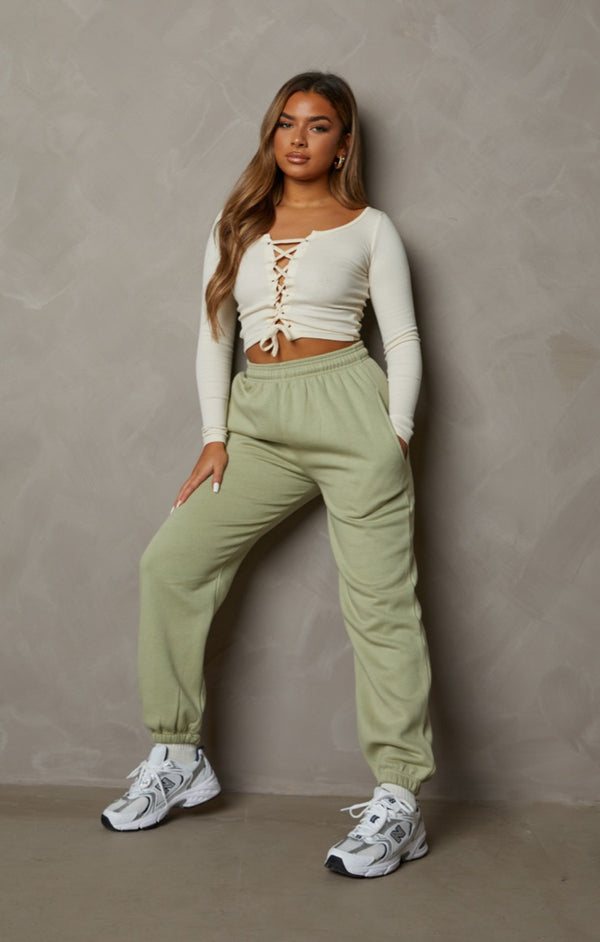 Femme Luxe Sage Oversized High Waisted Shirred Drawstring Pocket Detail Cuffed Joggers - Samira