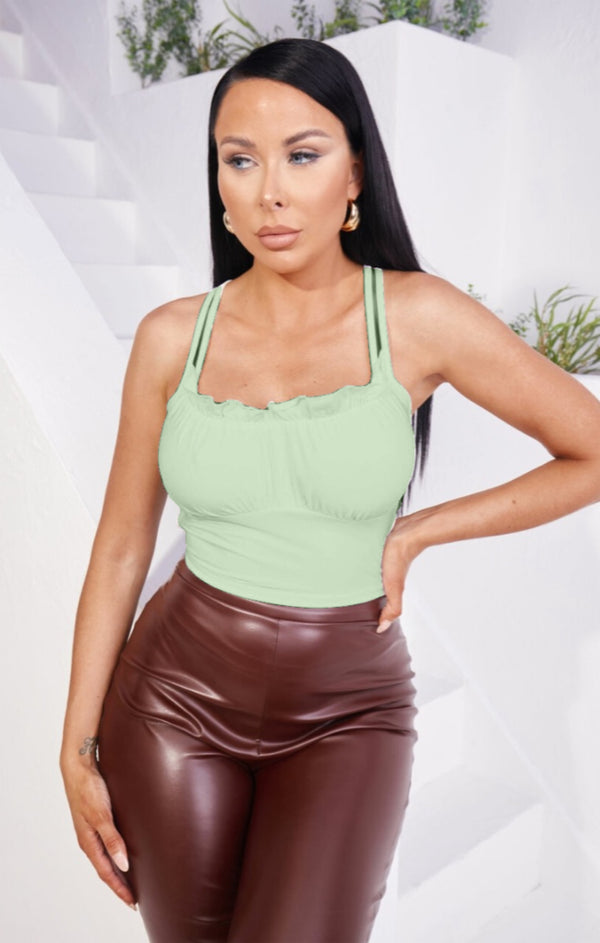 Femme Luxe Sage Ruched Bust Frill Detail Criss Cross Strappy Crop Top - Clara