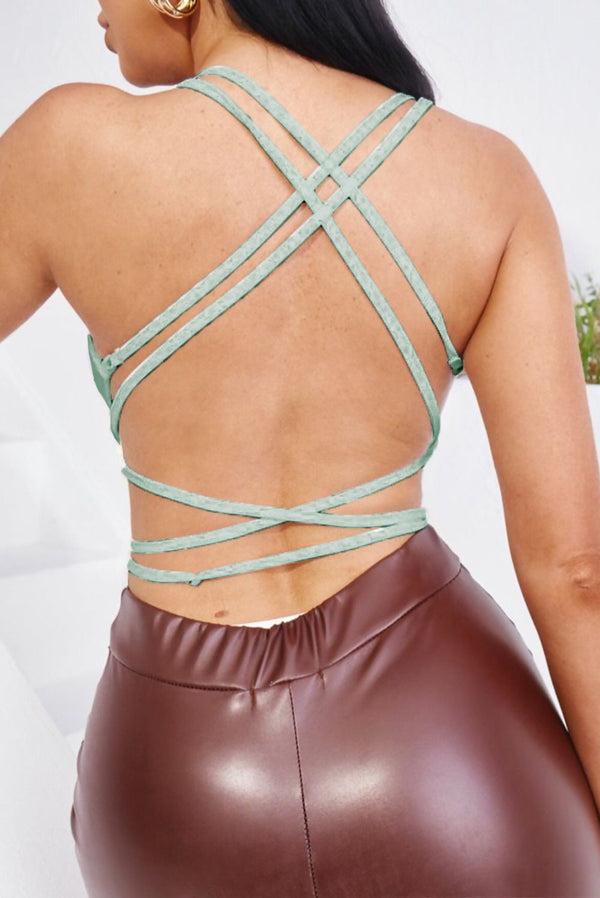 Femme Luxe Sage Ruched Bust Frill Detail Criss Cross Strappy Crop Top - Clara