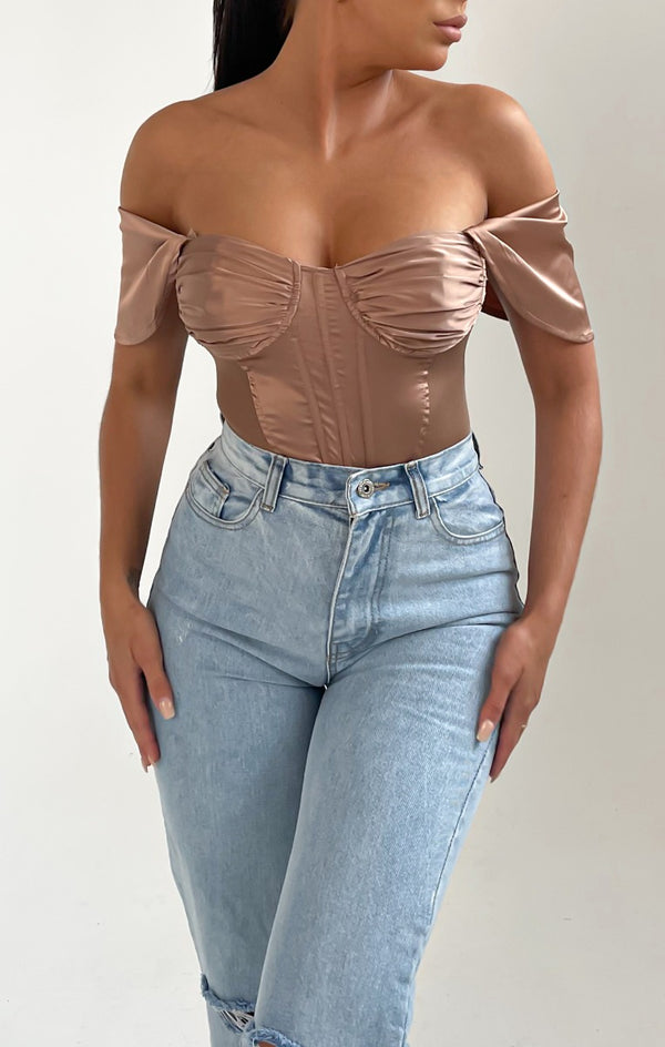 Femme Luxe Sand Off Shoulder Corset Style Bodysuit - Anya