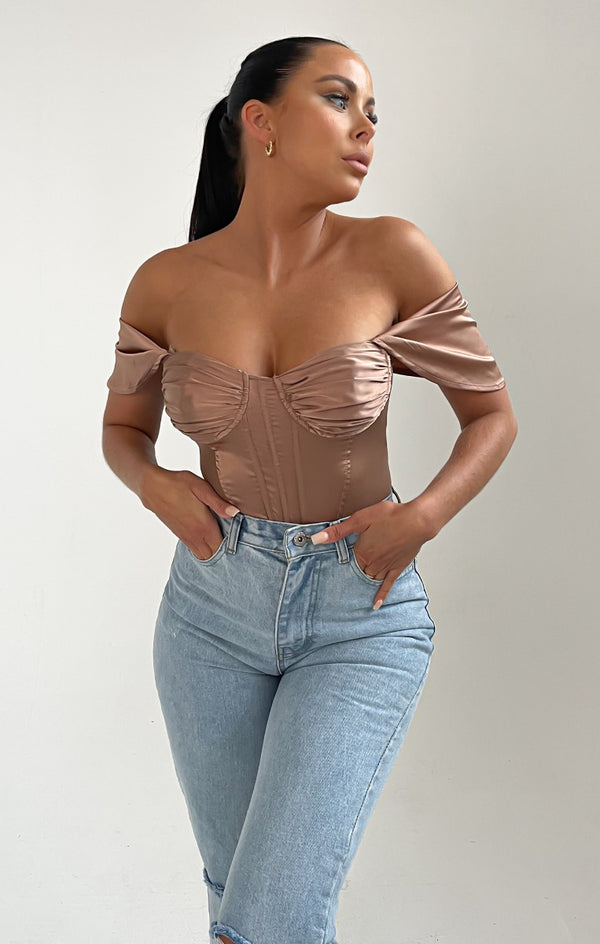 Femme Luxe Sand Off Shoulder Corset Style Bodysuit - Anya