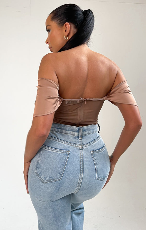 Femme Luxe Sand Off Shoulder Corset Style Bodysuit - Anya