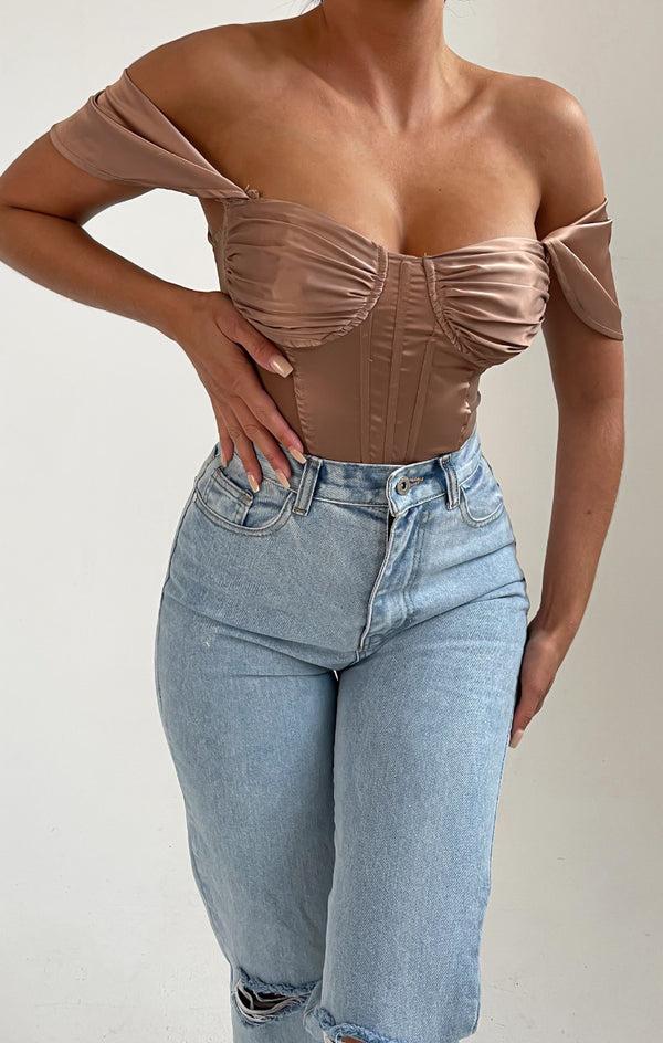 femme luxe Sand Off Shoulder Corset Style Bodysuit - Anya