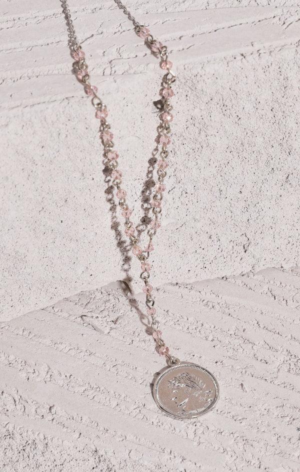 femme luxe Silver Coin Pink Bead Chain Necklace - Jules