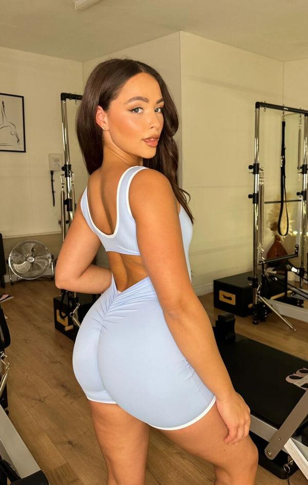 Femme Luxe Sky Blue Cut Out Back Piped Edging Short Unitard - Clio