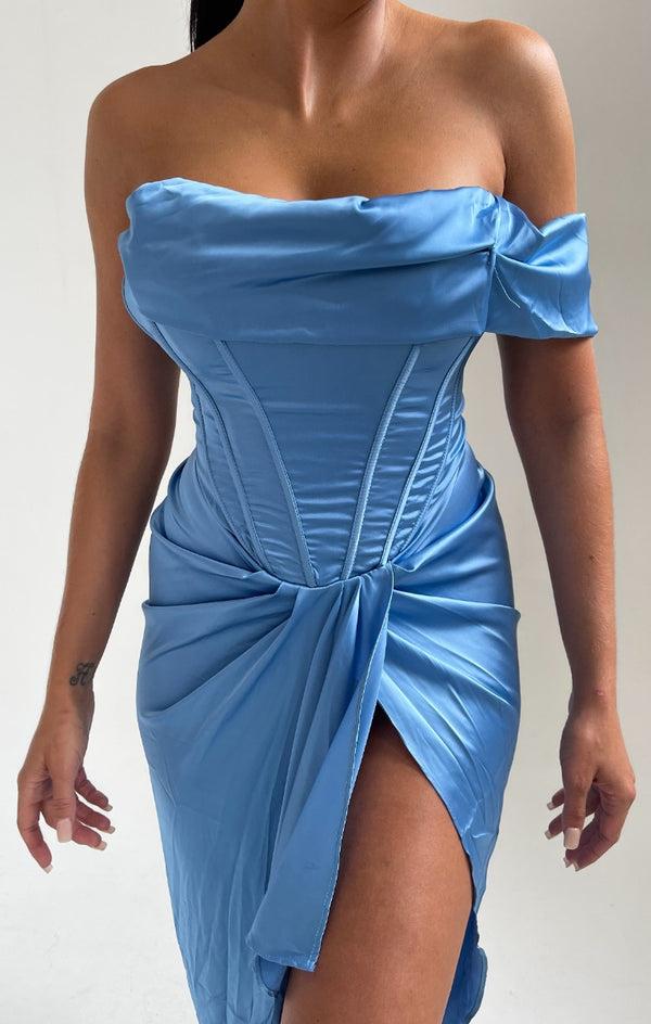 Femme Luxe Sky Blue Off The Shoulder High Split Corset Midi Dress - Brooke
