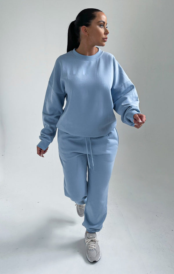 Femme Luxe Sky Blue Oversized Crew Neck Sweatshirt Cuffed Joggers Loungewear Set - Averi