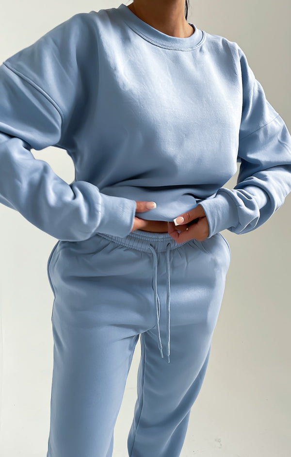 Femme Luxe Sky Blue Oversized Crew Neck Sweatshirt Cuffed Joggers Loungewear Set - Averi