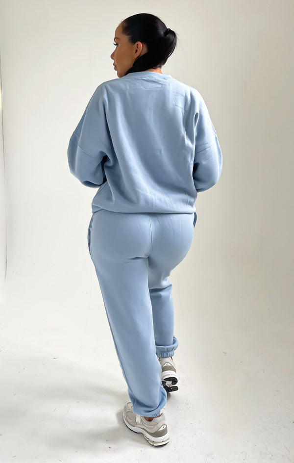 Femme Luxe Sky Blue Oversized Crew Neck Sweatshirt Cuffed Joggers Loungewear Set - Averi