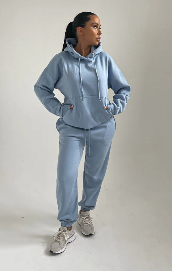 Femme Luxe Sky Blue Oversized Front Pocket Long Sleeve Drawstring Fleece Hoodie - Alexia