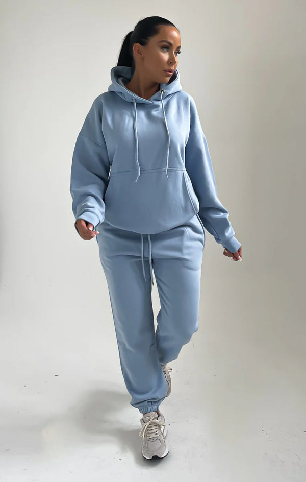 Femme Luxe Sky Blue Oversized Front Pocket Long Sleeve Drawstring Fleece Hoodie - Alexia