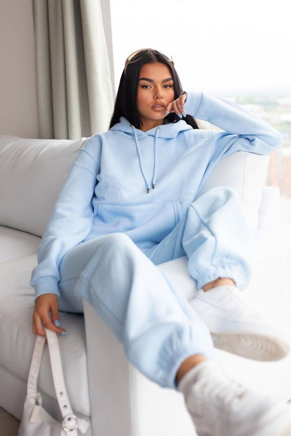 femme luxe Sky Blue Oversized Front Pocket Long Sleeve Drawstring Fleece Hoodie - Alexia