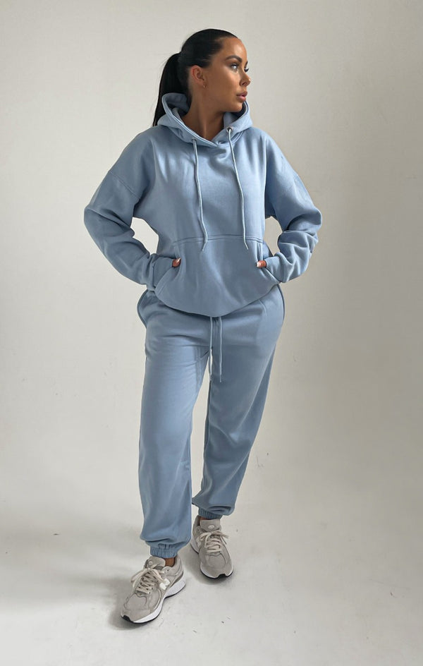 Femme Luxe Sky Blue Oversized Front Pocket Pullover Hoodie Cuffed Joggers Loungewear Set - Alexia