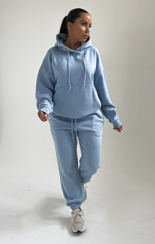 Femme Luxe Sky Blue Oversized Front Pocket Pullover Hoodie Cuffed Joggers Loungewear Set - Alexia