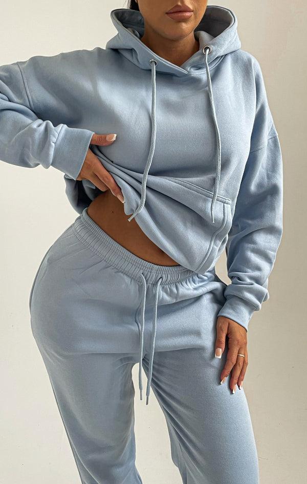 femme luxe Sky Blue Oversized Front Pocket Pullover Hoodie Cuffed Joggers Loungewear Set - Alexia