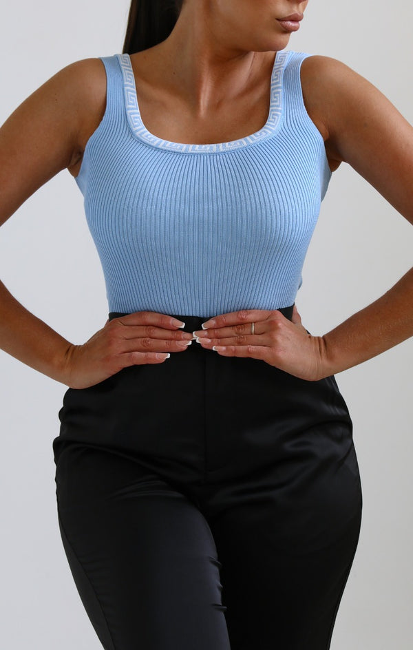 Femme Luxe Sky Blue Pattern Neckline Detail Ribbed Top - Nessa