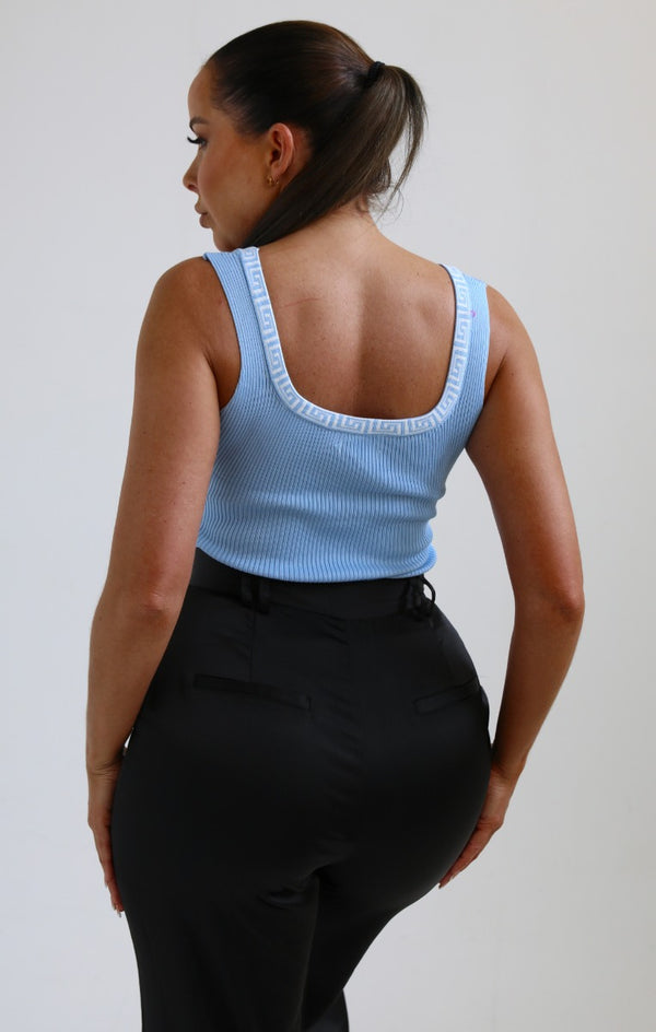 Femme Luxe Sky Blue Pattern Neckline Detail Ribbed Top - Nessa