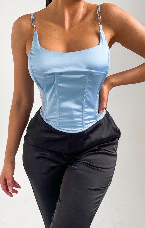 femme luxe Sky Blue Satin Chain Detail Corset Top - Shay
