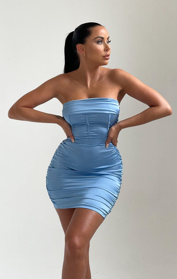 femme luxe Sky Blue Satin Strapless Corset Bodycon Mini Dress - Annie
