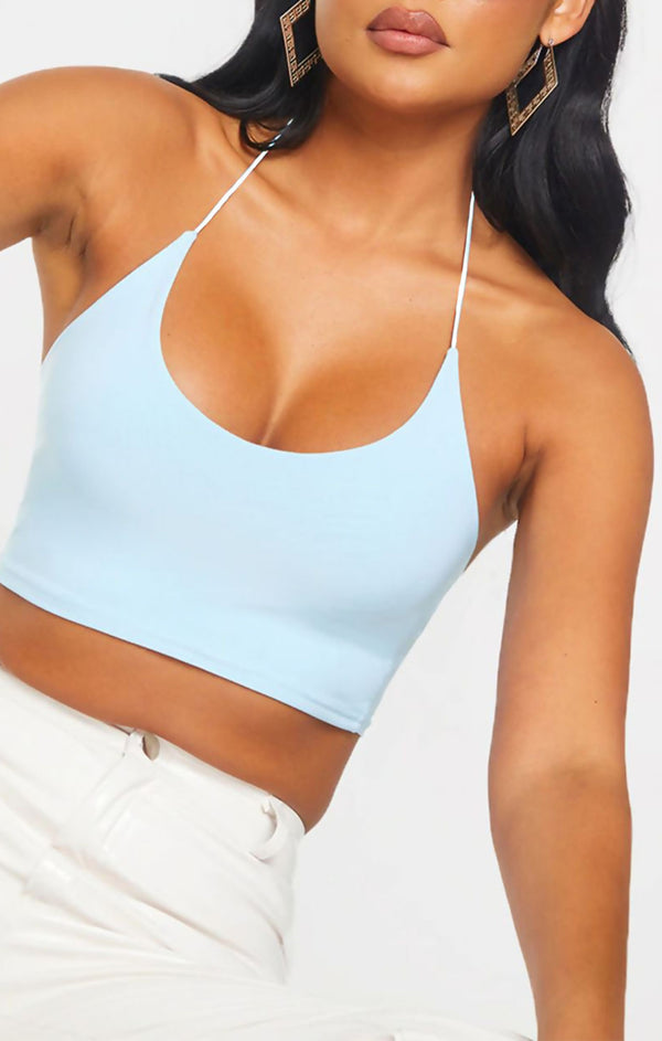 Femme Luxe Sky Blue Slinky Spaghetti Strap Halterneck Crop Top - Carisella